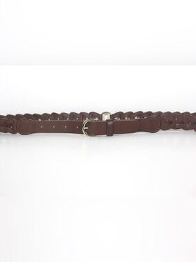 Vintage Brown Leather Chunky Snake Link Belt Woven Gold Tone Buckle